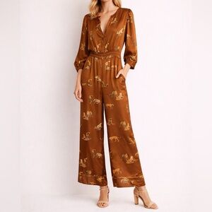 NWT UMGEE Copper Satin Wide Leg Jumpsuit 3/4 Balloon Sleeves Tiger Print